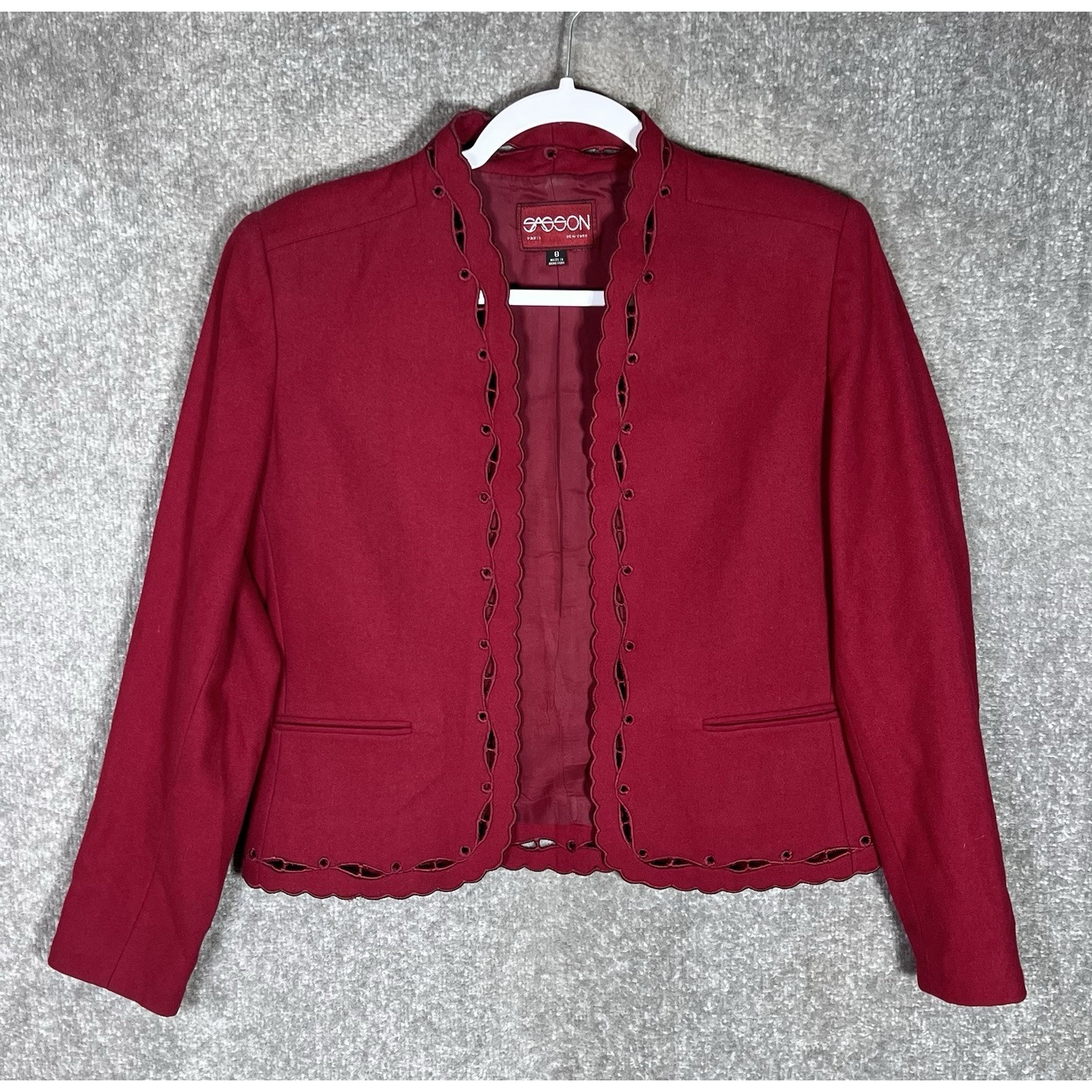 Vintage Sasson Open Front Blazer Womens Size 8 Red Wool Nylon Scalloped Edge